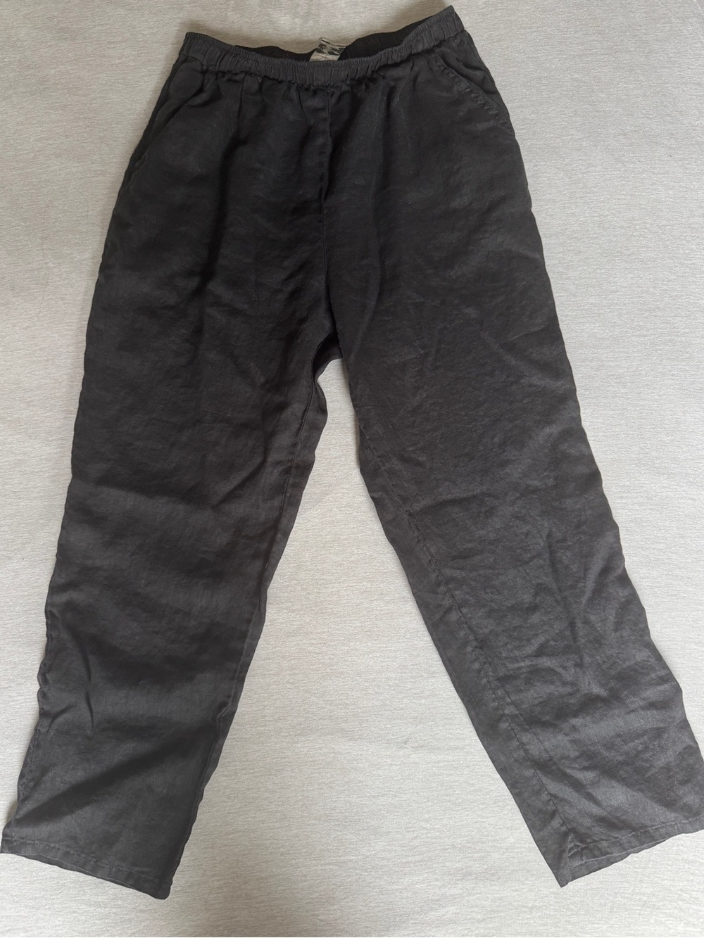 100% Linen Pull On Pants Black Elastic Waist Straight Leg Lightweight Women’s S